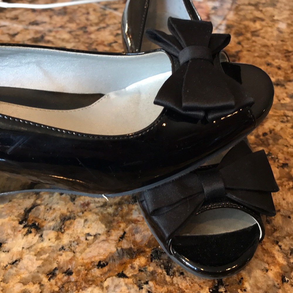 Girls patent peep toe wedge heel shoes